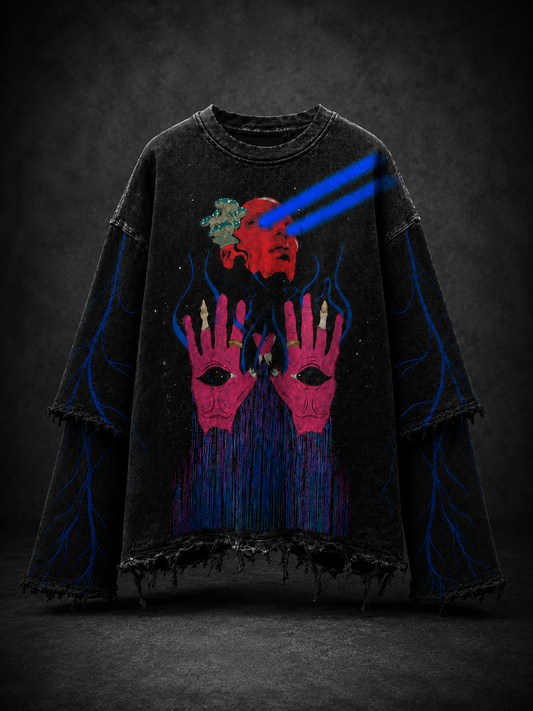 Psychedellic Trip Oversized Distressed Black Tshirt